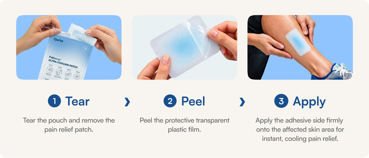 How to use: 1. Tear the pouch and remove the pain relief patch. 2. Peel the protective transparent plastic film. 3. Apply the adhesive side firmly onto the affected skin area for instant, cooling pain relief.