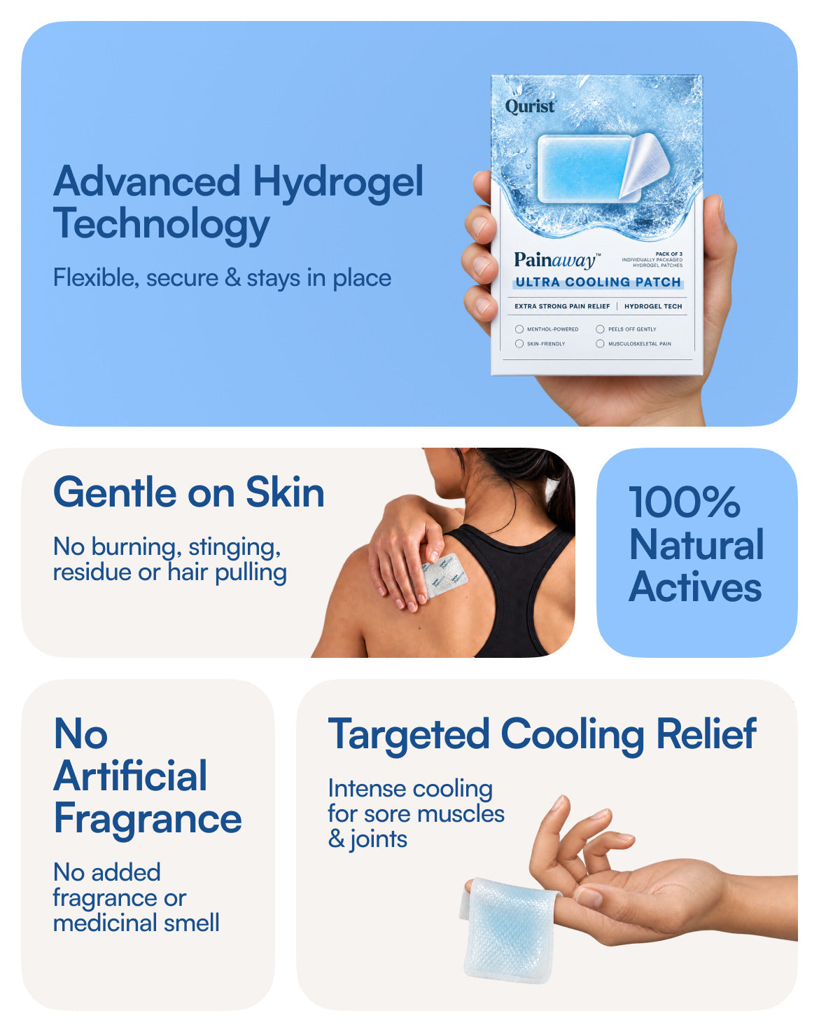 Advanced hydrogel technology: flexible, secure and mess-free. Targeted cooling relief for sore muscles and joints. Up to 6 hours of long-lasting pain relief. Gentle on skin: no burning, stinging, residue or hair pulling. 6.5% naturally derived menthol. 100% natural active ingredients. No artificial fragrance or medicinal smell.